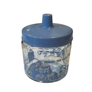 Vintage Round The Clock With Baby Nursery Blue Cotton Ball Swab Canister Jar Lid